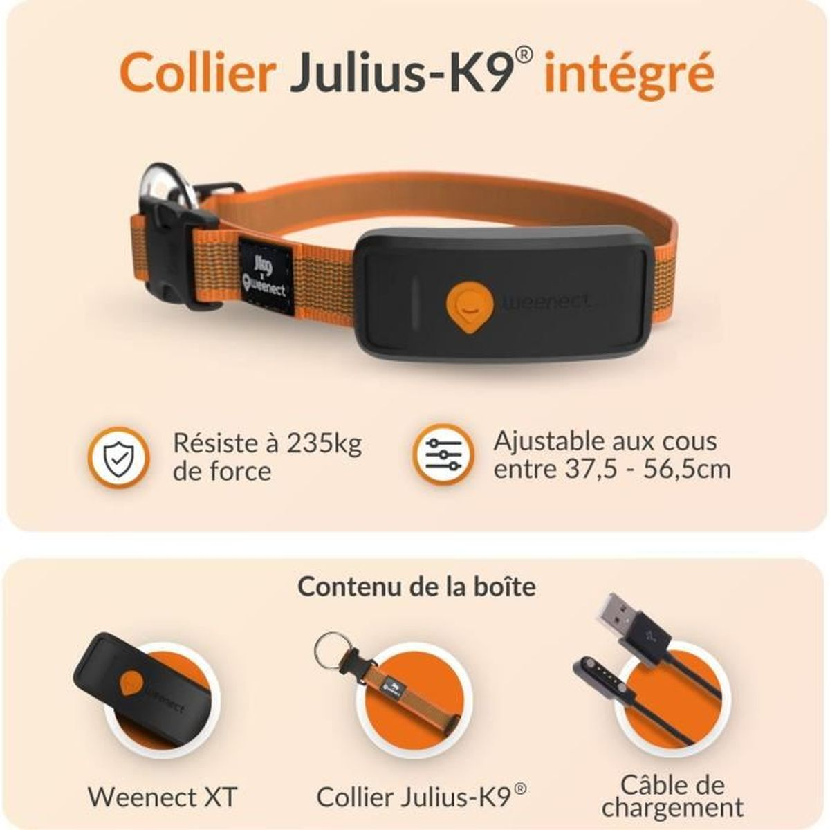 Integrierter Julius-K9® Halsband mit Weenect XT und Ladekabel.