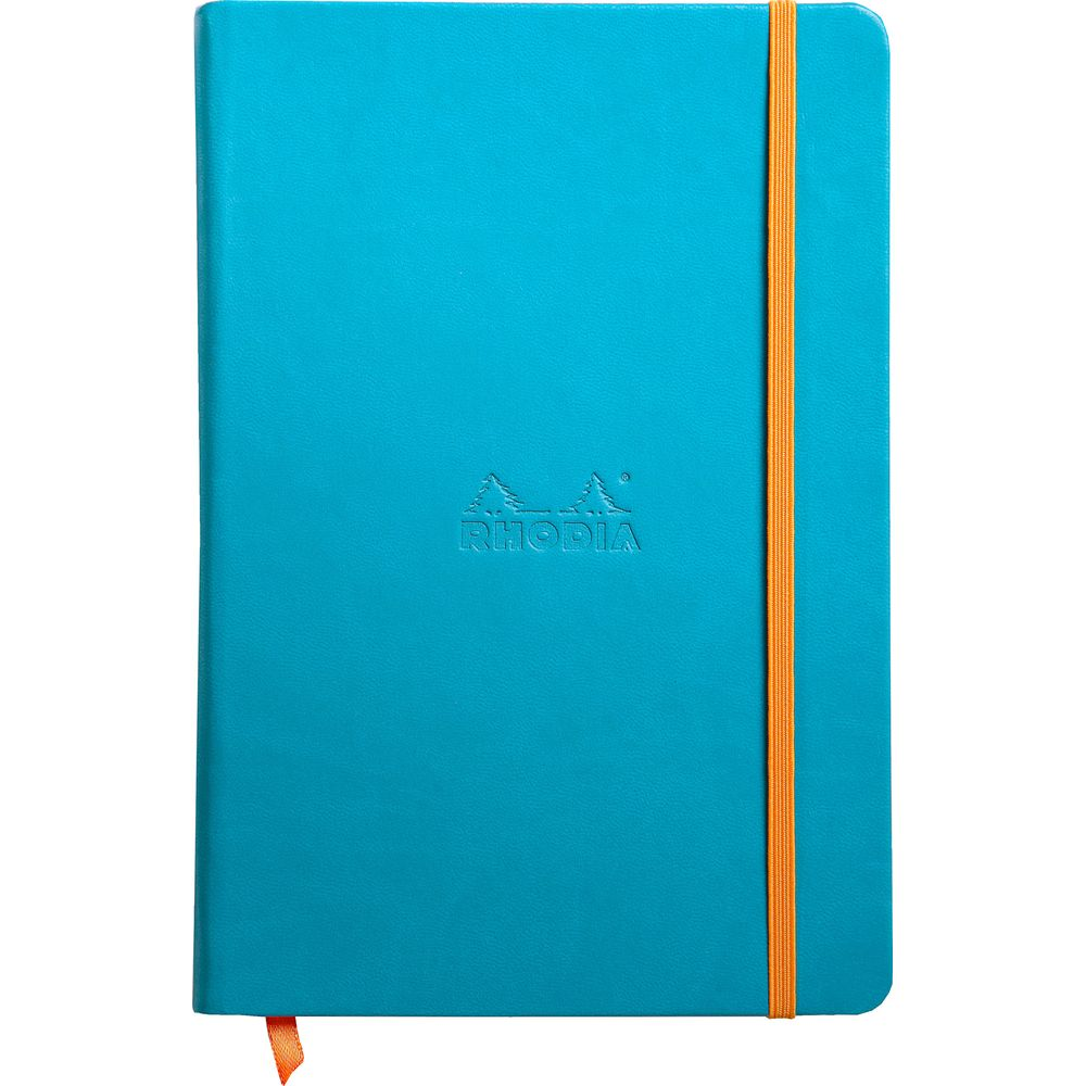 Türkisblaues Rhodia-Notizbuch mit orangefarbenem Gummiband und Lesezeichen. Geprägtes Logo.