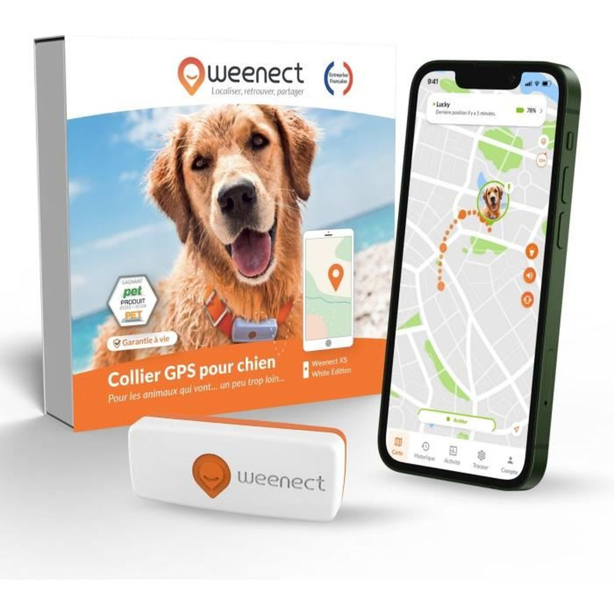 Ein Paket mit einem Hundehalsband-GPS-Tracker, einer Verpackung und einem Smartphone mit Karte.