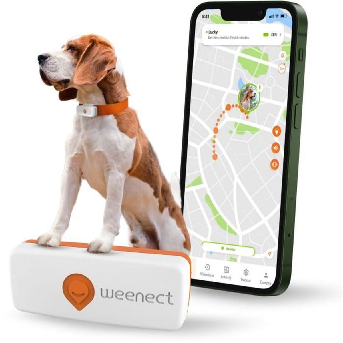 Ein Beagle sitzt auf einem Weenect-Tracker neben einem Smartphone mit einer Karte.