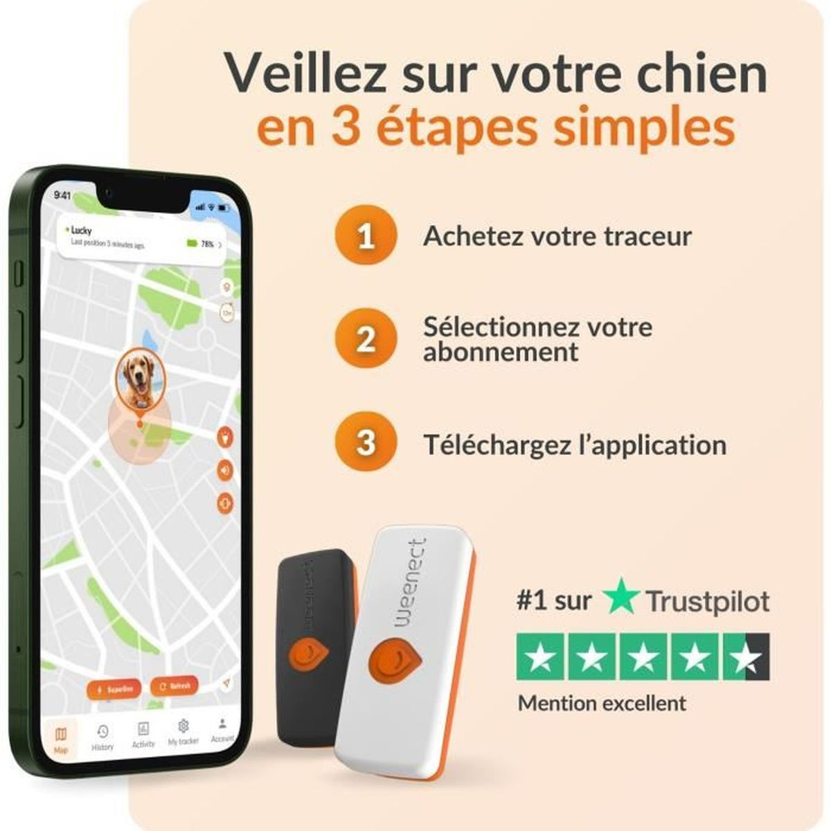 Ein Smartphone zeigt eine Hundetracker-App. Daneben sind 2 Tracker und Trustpilot-Bewertungen.