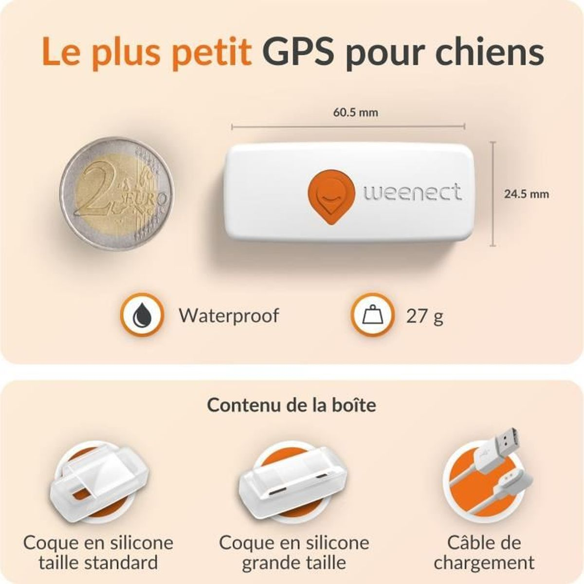 Ein 2-Euro-Stück neben einem weißen GPS-Tracker für Hunde, 60,5 x 24,5 mm.