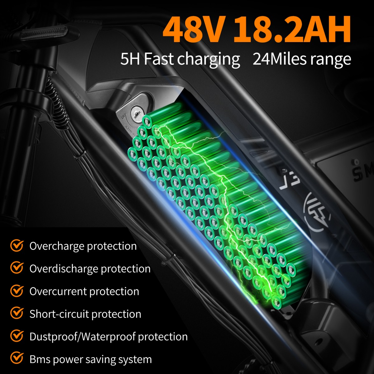 Zbliżenie baterii roweru elektrycznego 48V 18.2AH z zielonymi ogniwami.