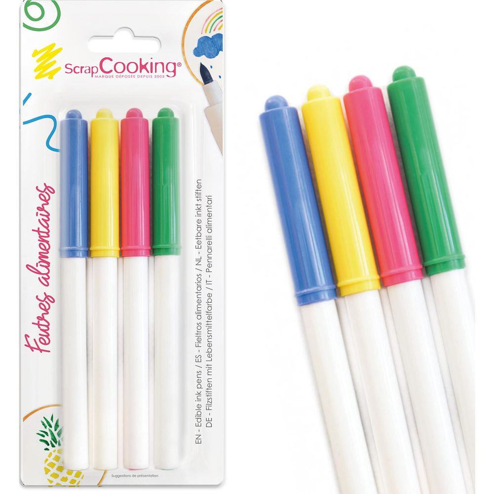 Ein Paket mit fünf essbaren Stiften in Blau, Gelb, Pink und Grün.