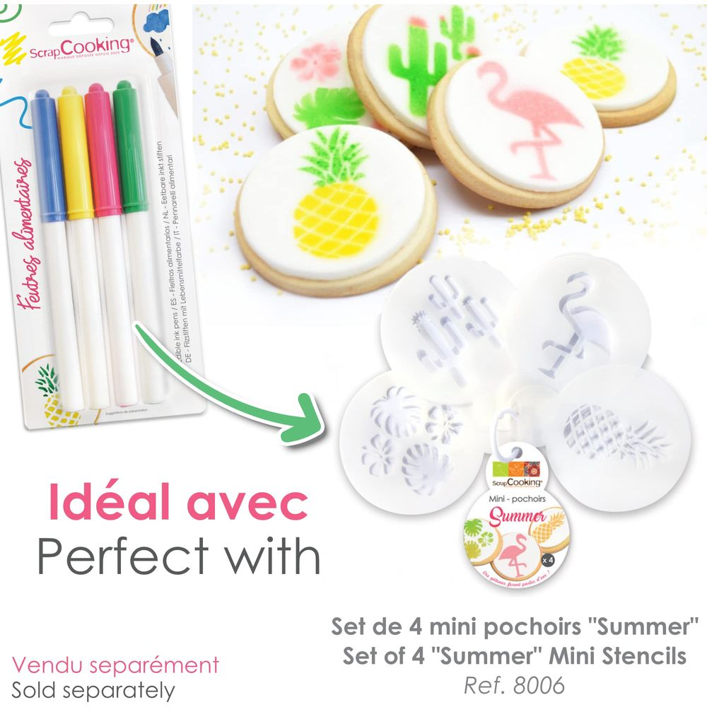 Lebensmittelfarbstifte und Sommer-Schablonen mit Kaktus-, Flamingo- und Ananasmotiven.