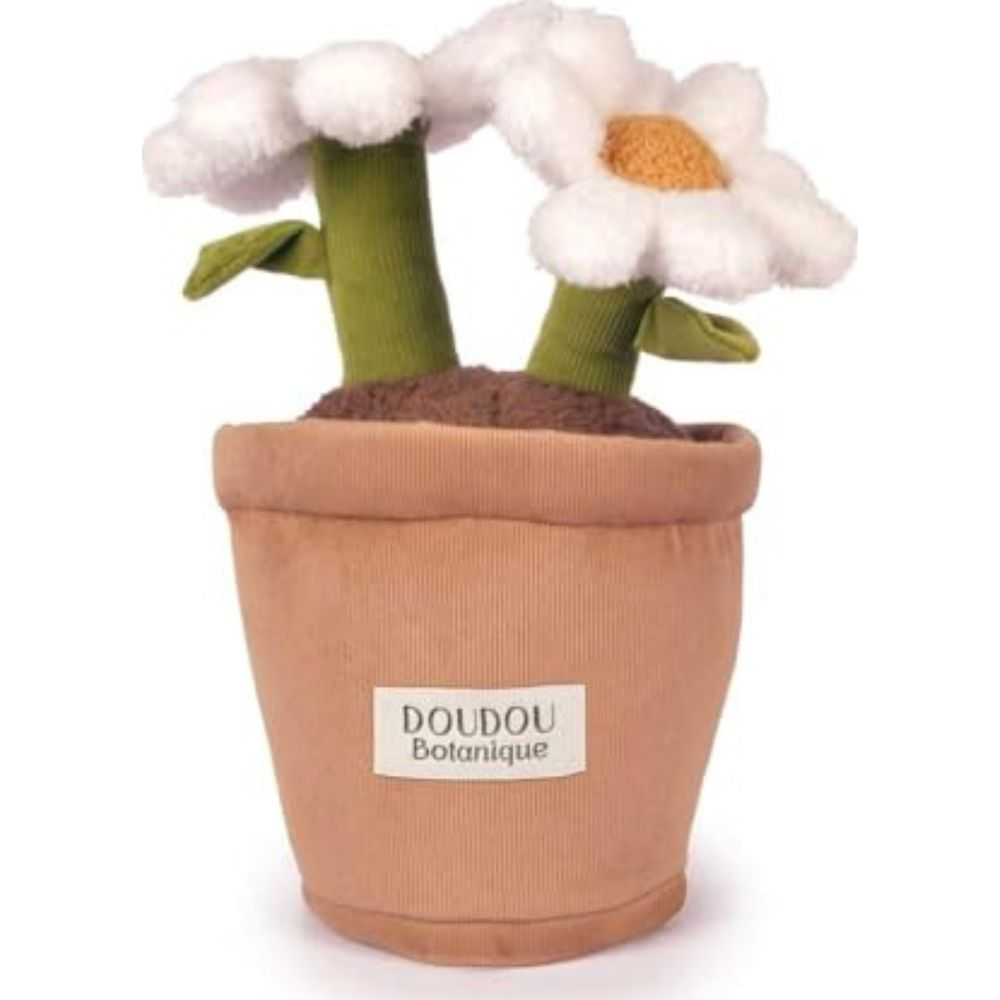 Un morbido giocattolo con due fiori bianchi dai centri gialli in un vaso marrone.