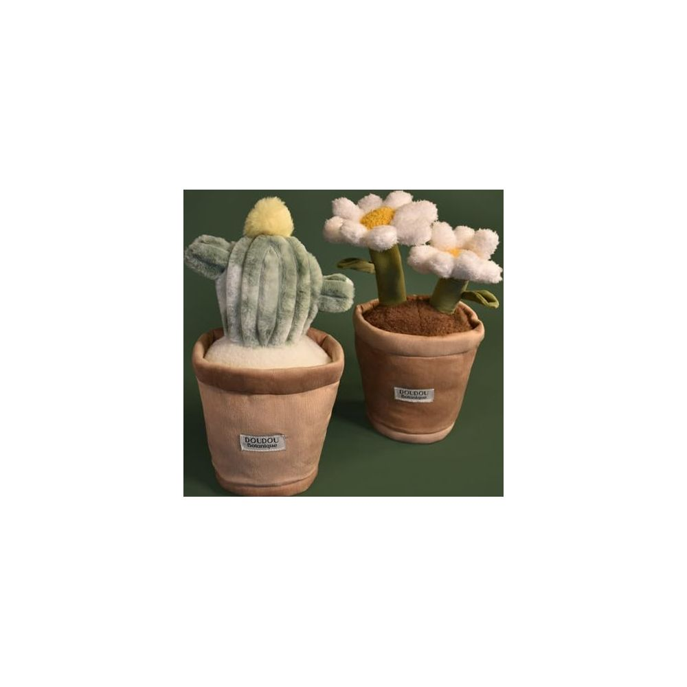 Cactus di peluche e fiori in vaso su sfondo verde.