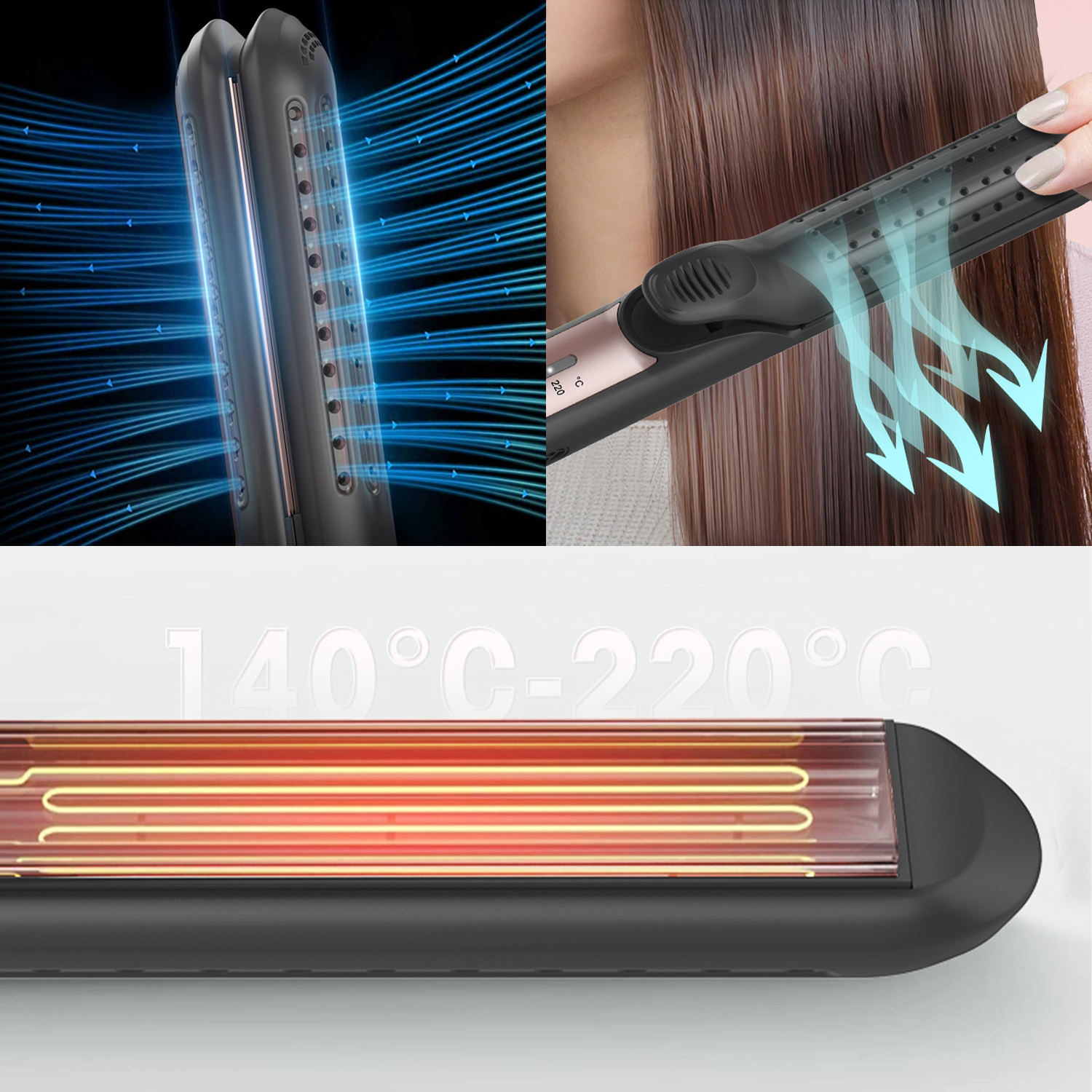 Piastra per capelli con flusso d'aria ed elementi riscaldanti, 140-220°C.