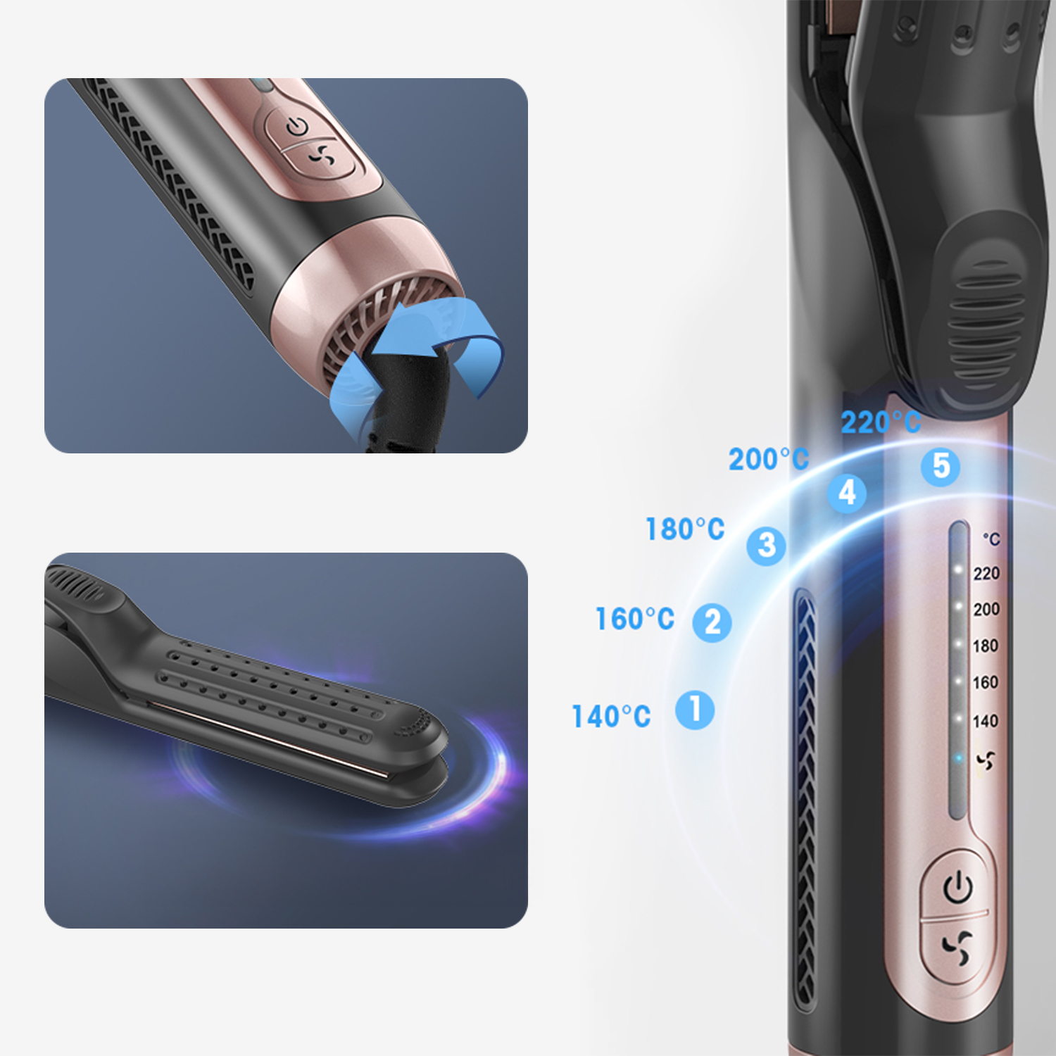 Una piastra per capelli con display della temperatura e prese d'aria.