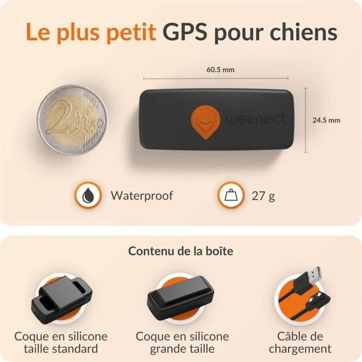 Ein kleiner schwarzer GPS-Tracker für Hunde, wasserdicht, 27g, mit Zubehör.