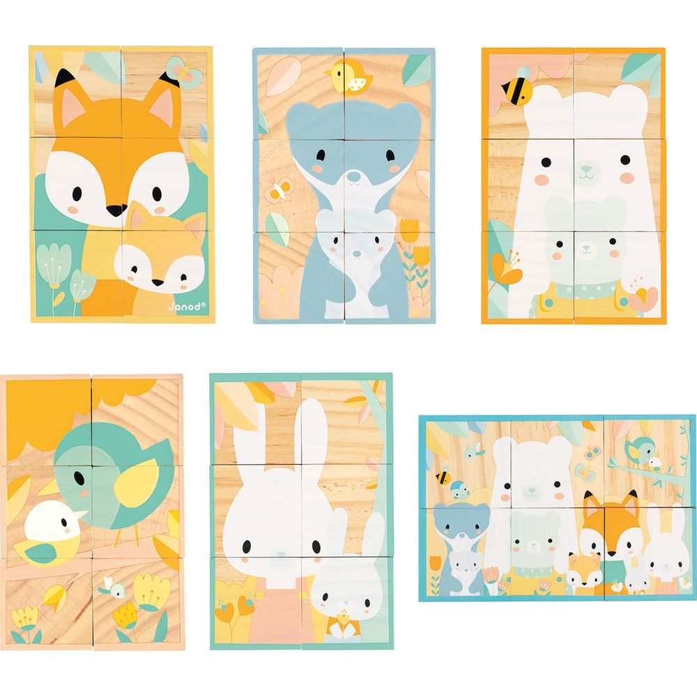 Sechs Holzpuzzles mit niedlichen Waldtieren und Blumen.