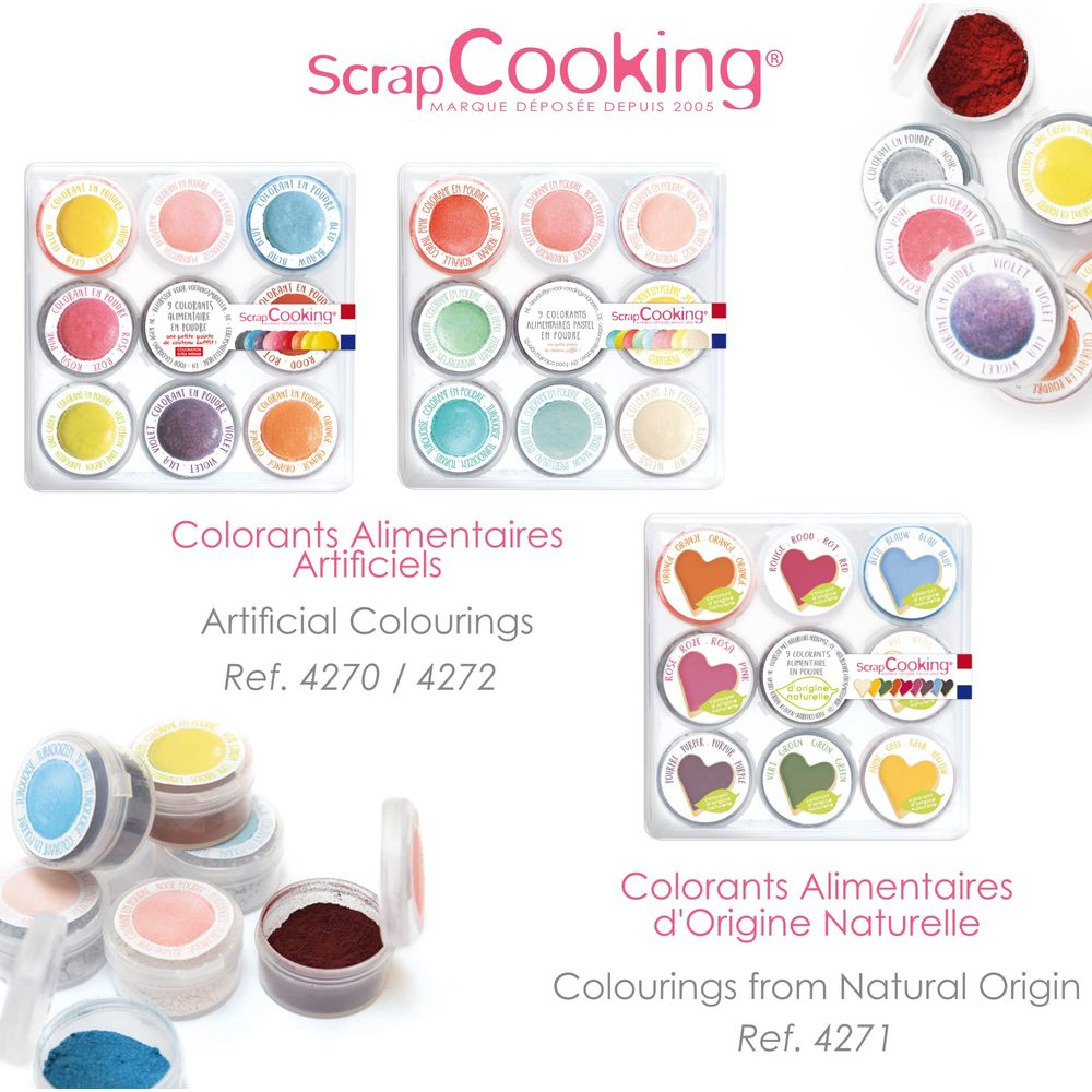 Verpackungen mit bunten Pulverfarbstoffen von ScrapCooking in 12er-Sets.