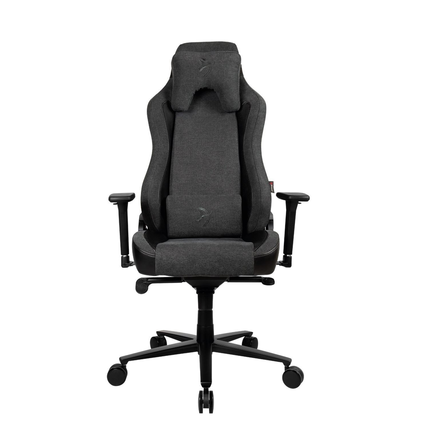 Una sedia da gaming grigio scuro con poggiatesta e cuscino lombare.