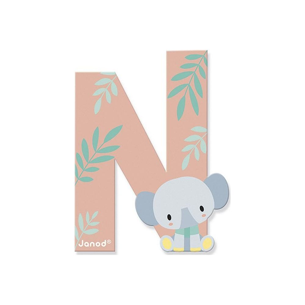 Una lettera N rosa con foglie, accanto un piccolo elefante.