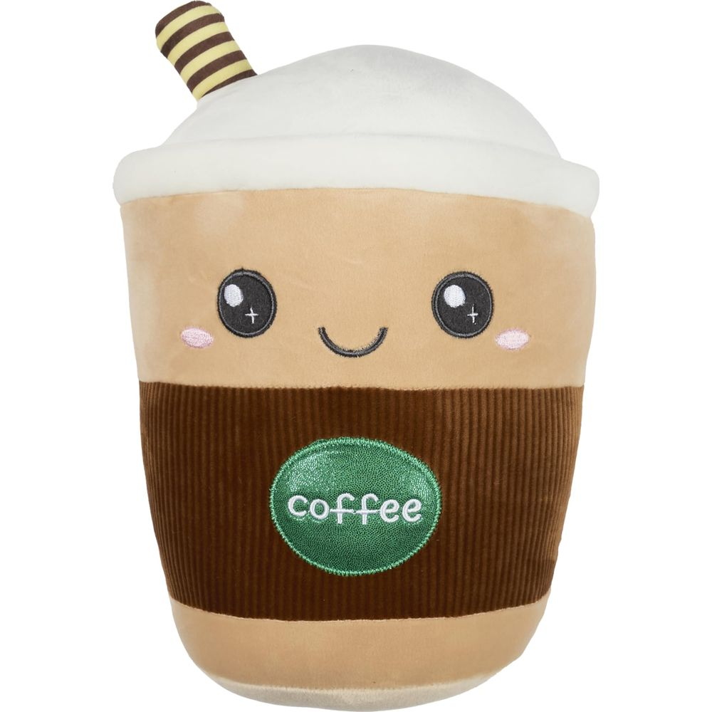 Un peluche a forma di tazza di caffè con una faccia sorridente, panna montata bianca e corpo marrone.