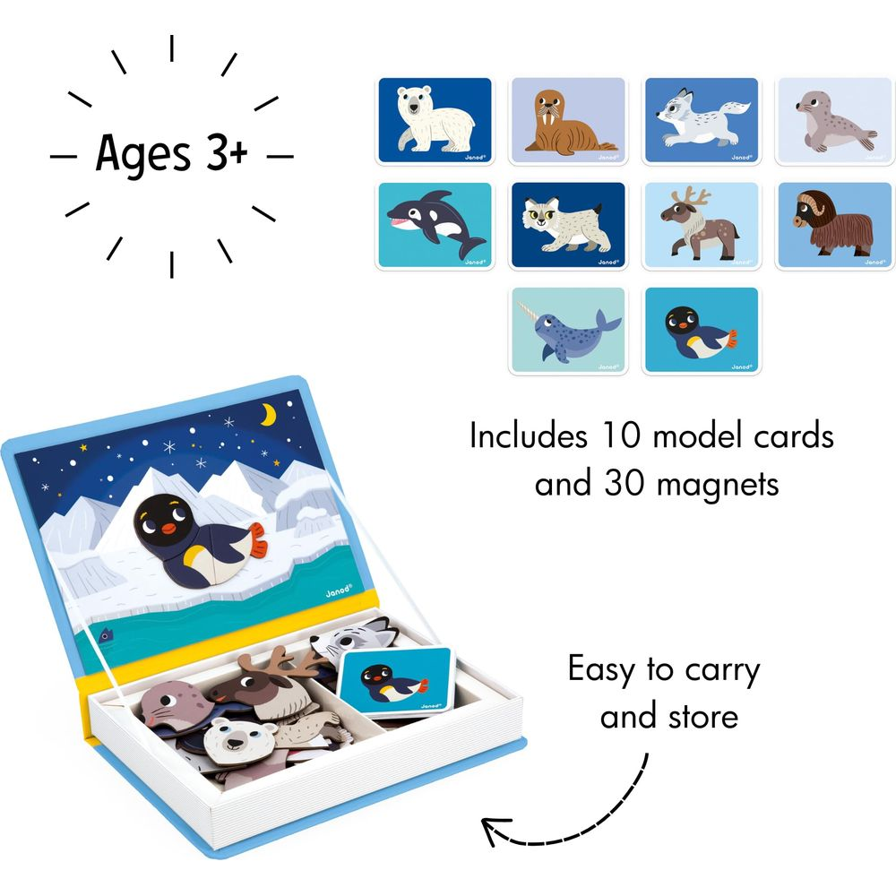 Gioco di magneti con animali artici in scatola, per 3+ anni.