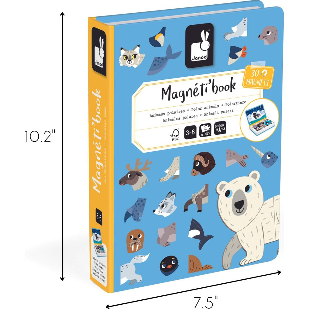 Un libro blu con animali artici e magneti, 10,2 x 7,5 pollici.