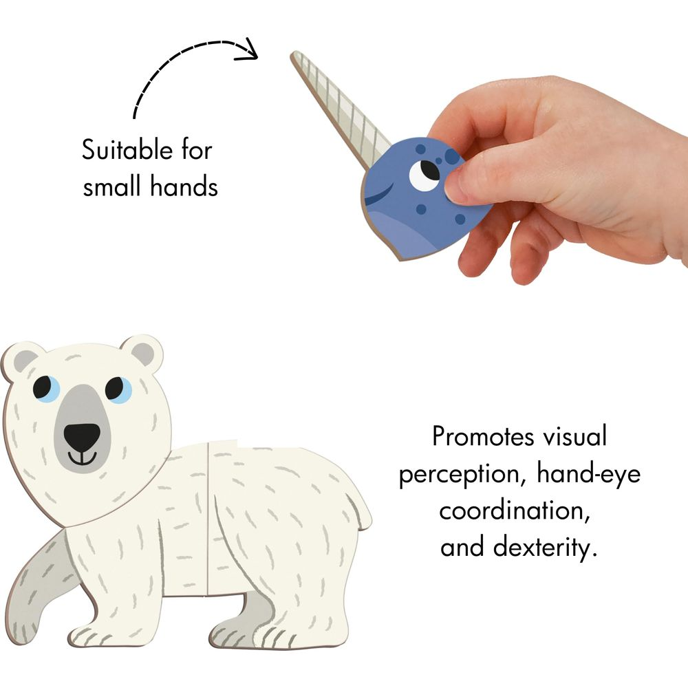 Un bambino tiene una testa di narvalo. Un pezzo di puzzle di orso polare è vicino.