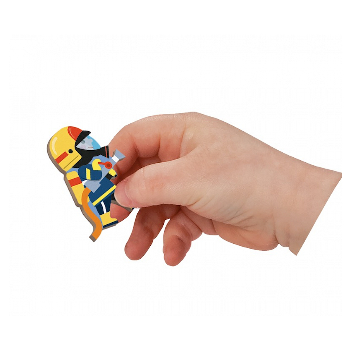 Eine Hand hält ein Feuerwehrmann-Puzzle-Teil mit Schlauch.