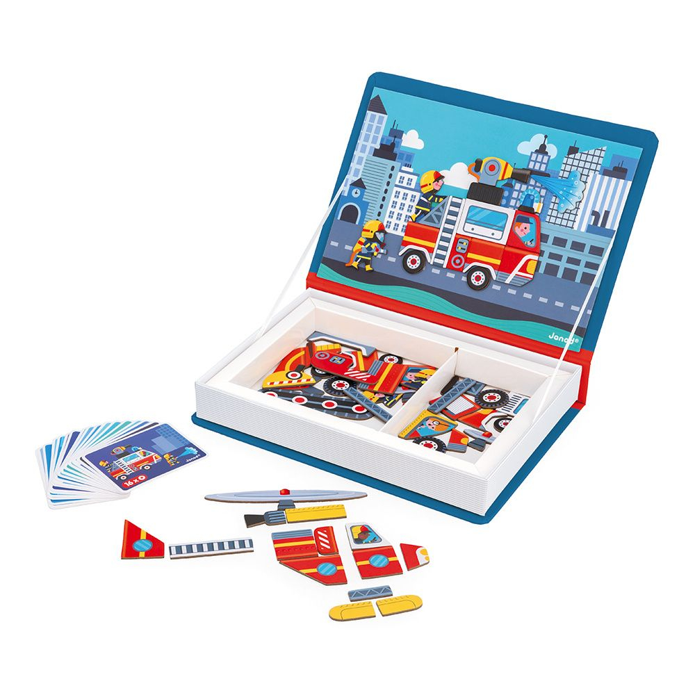 Magnetisches Spielset mit Feuerwehrfahrzeugen. Enthält ein offenes Buch mit Szene, Puzzleteile und Karten.
