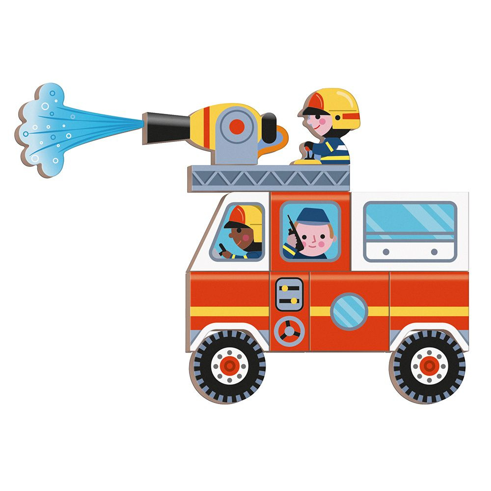 Ein Spielzeug-Feuerwehrauto mit zwei Figuren und einem Wasserstrahl.