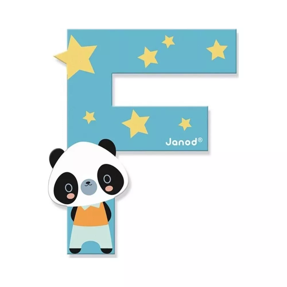 Ein blauer Buchstabe F mit gelben Sternen und einem Panda-Bären-Aufkleber.