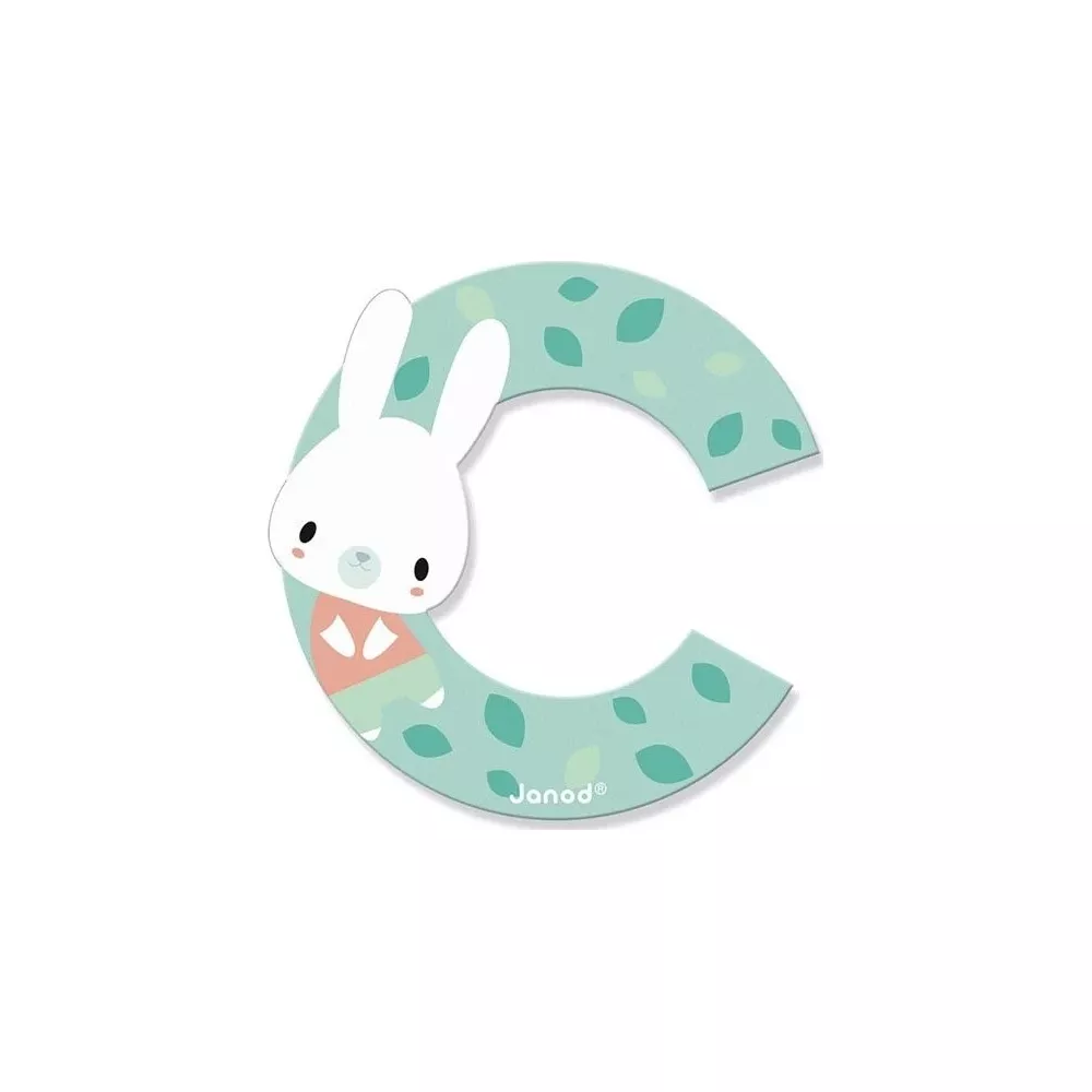 Una lettera C verde con un coniglio e foglie. Logo Janod.