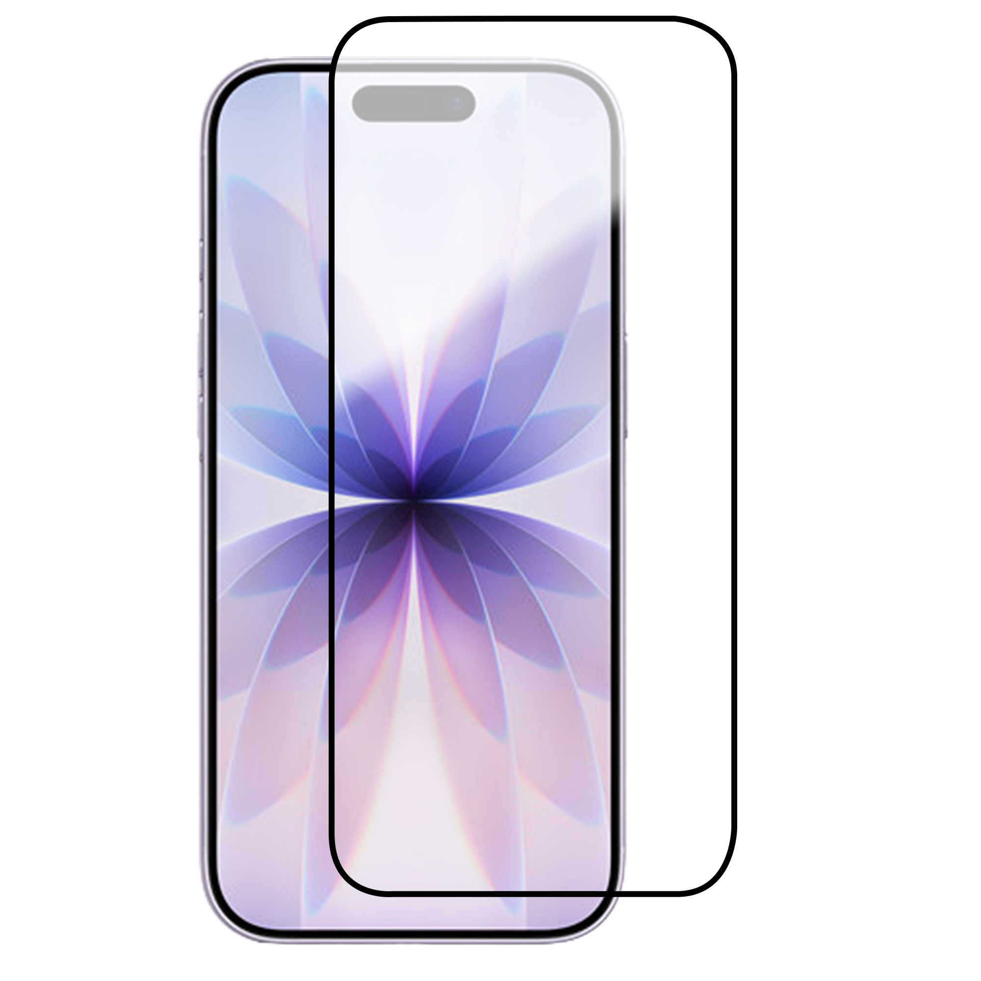 Uno smartphone viola con proteggi schermo che mostra un fiore astratto.