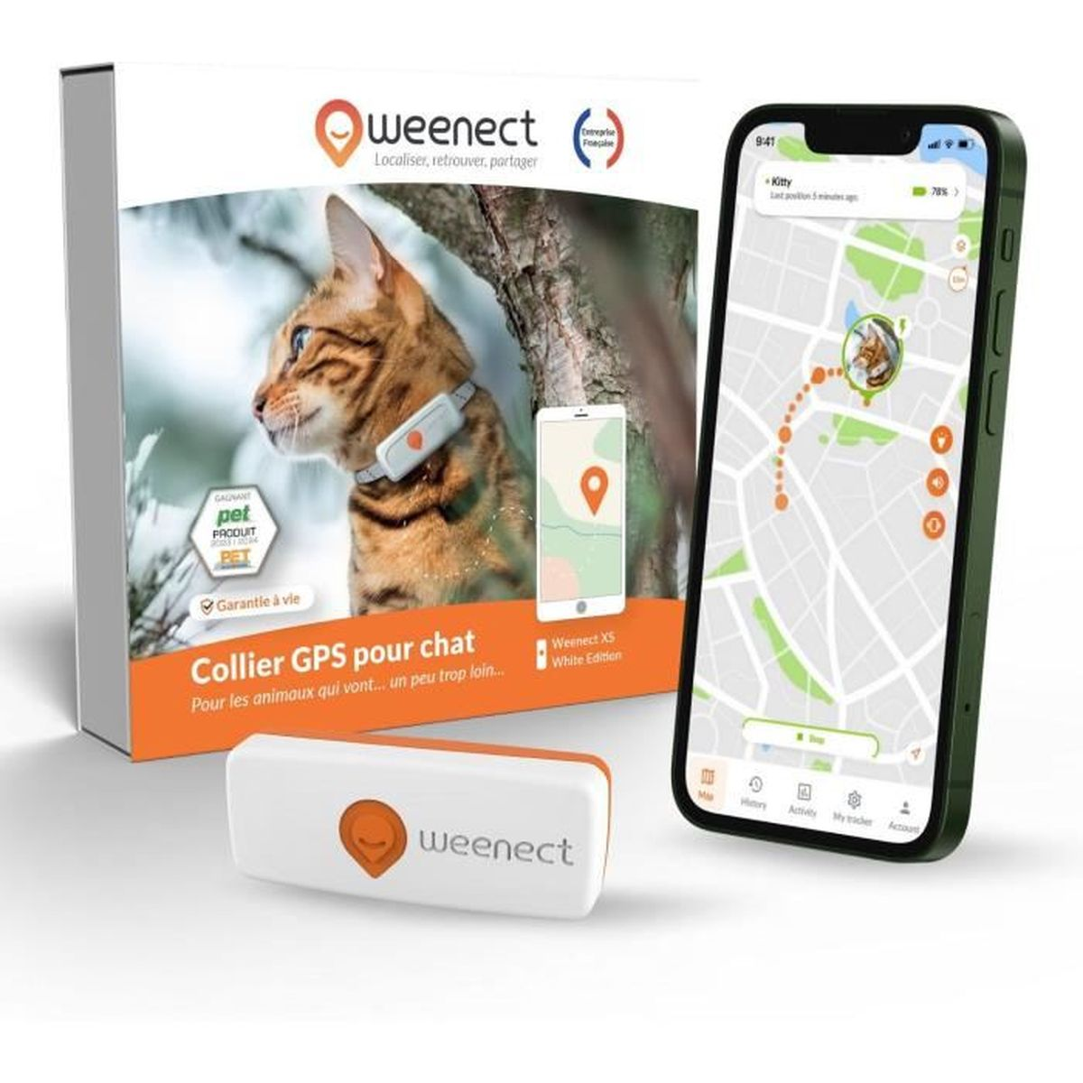 Weenect Katzenspielzeug: Ein Bogen mit Katze, GPS-Tracker und Handy-Bildschirm.