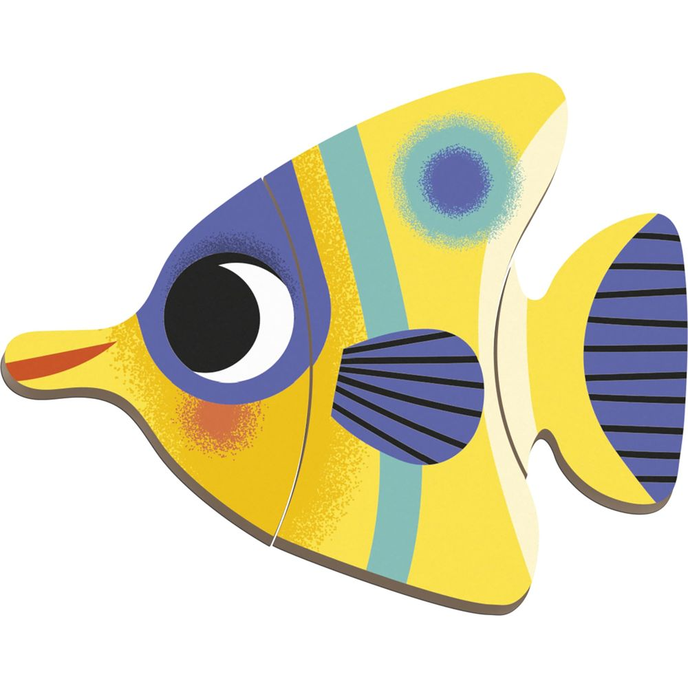 Ein gelber Fisch mit blauen und türkisen Streifen und Punkten.