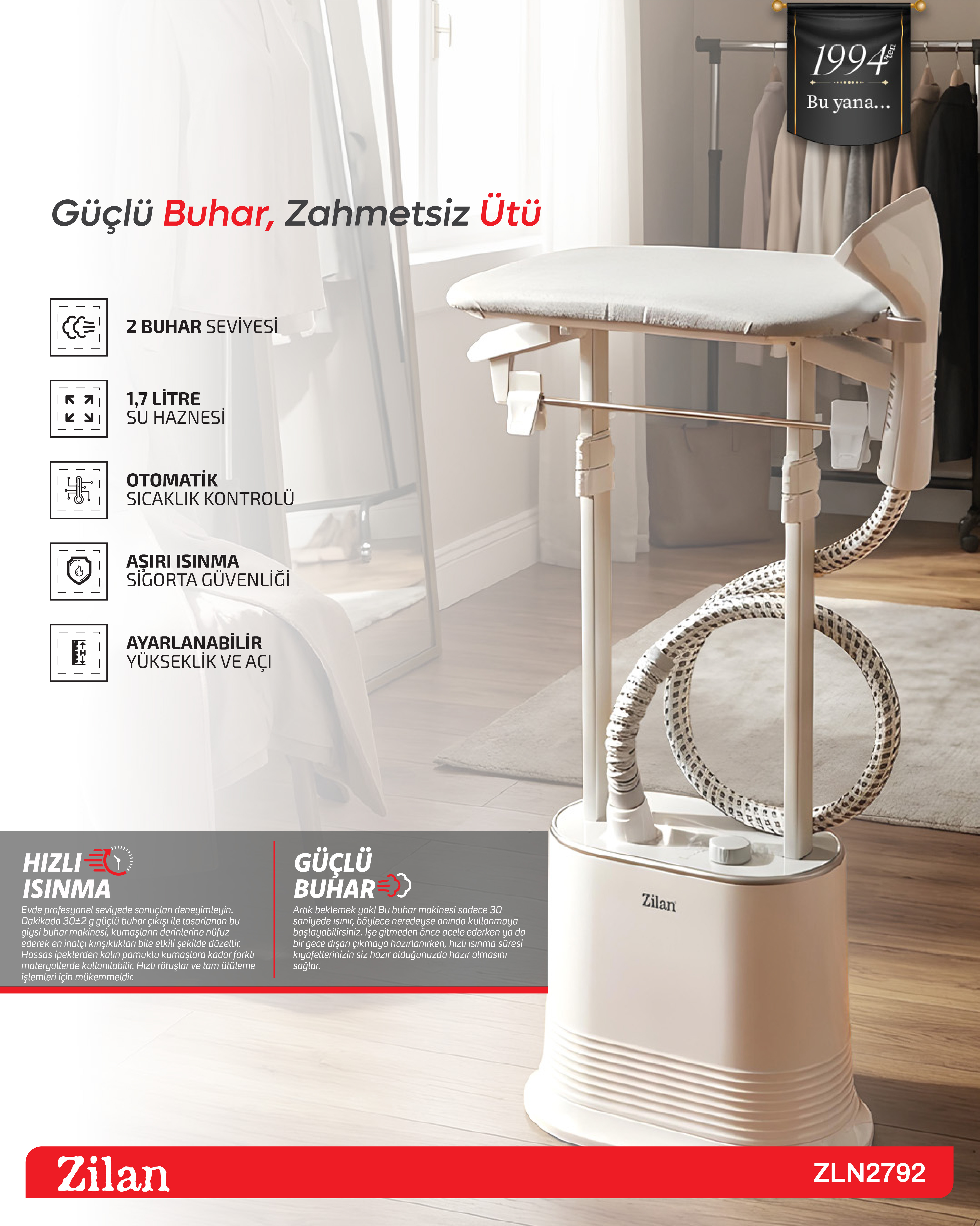 ZILAN ZLN2792 Ayaklı Kumaş ve Giysi Kırışık Giderici 1.7 l 2000 W Buharlı Dikey Ütü Beyaz