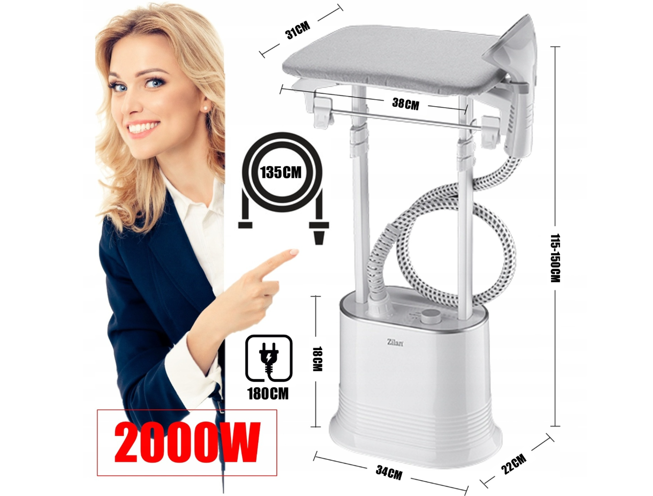 Kadın, boyutları 31cm, 38cm, 115-150cm, 22cm, 34cm, 18cm, 135cm olan buharlı ütüyü işaret ediyor. 2000W.