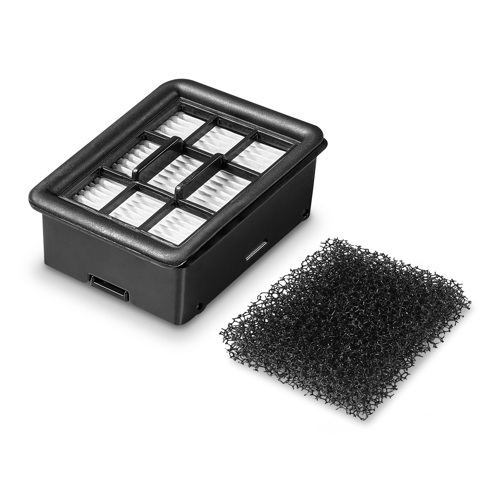 Un filtro per aspirapolvere nero con inserto bianco e un filtro in spugna nero separato.