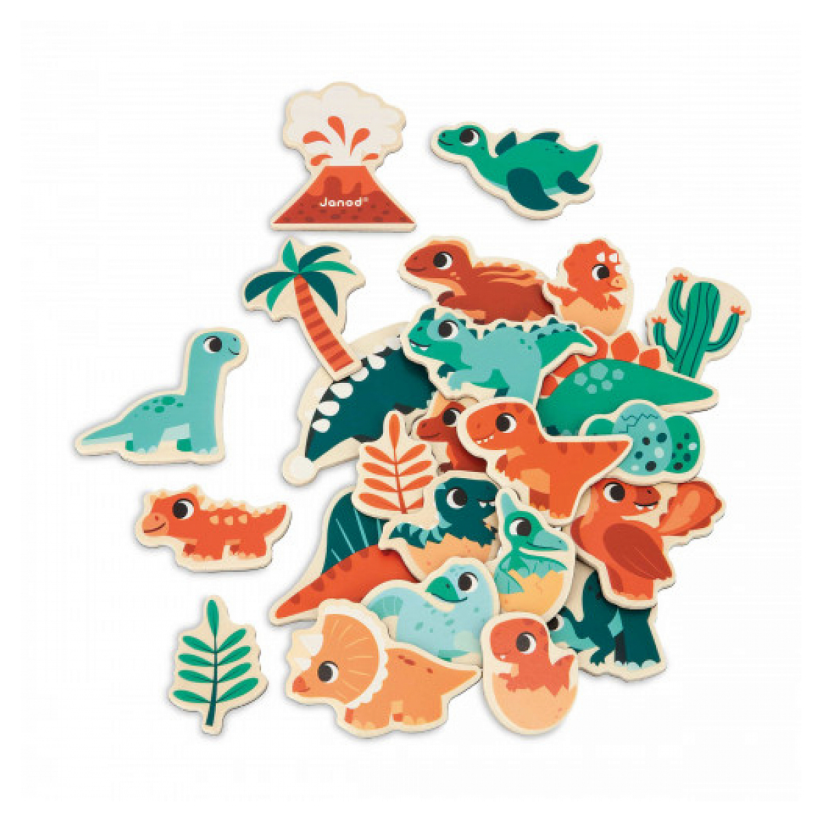 Eine Sammlung bunter Holz-Dinosaurier-Spielzeuge und ein Vulkan auf weißem Hintergrund.