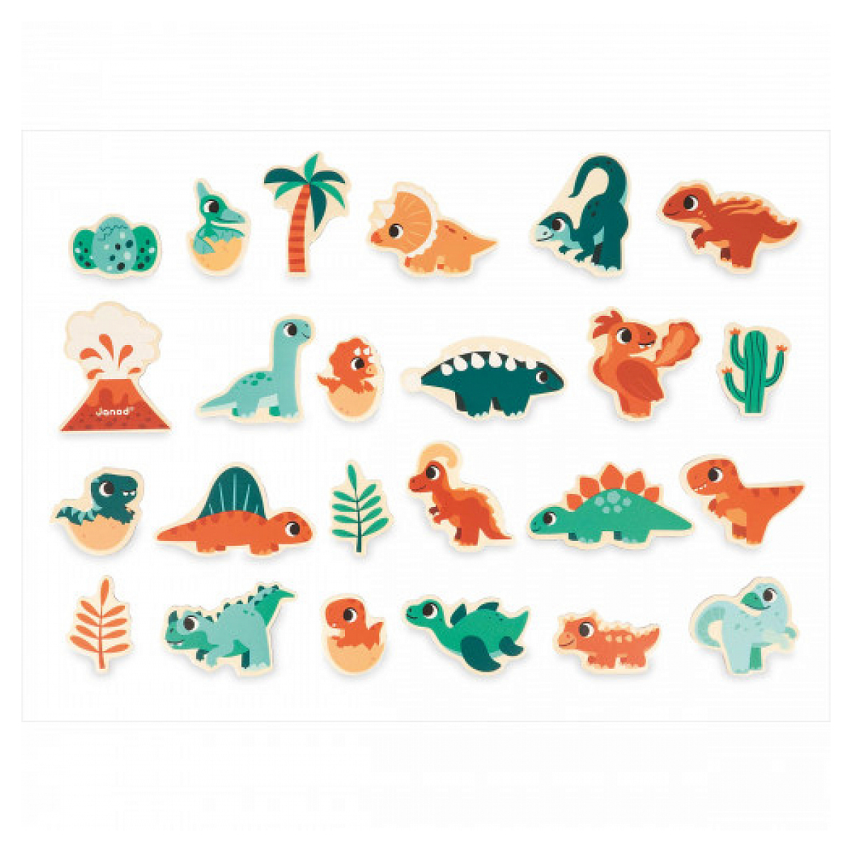 Bunt bemalte Dinosaurierfiguren, ein Vulkan, Palmen und Kakteen.