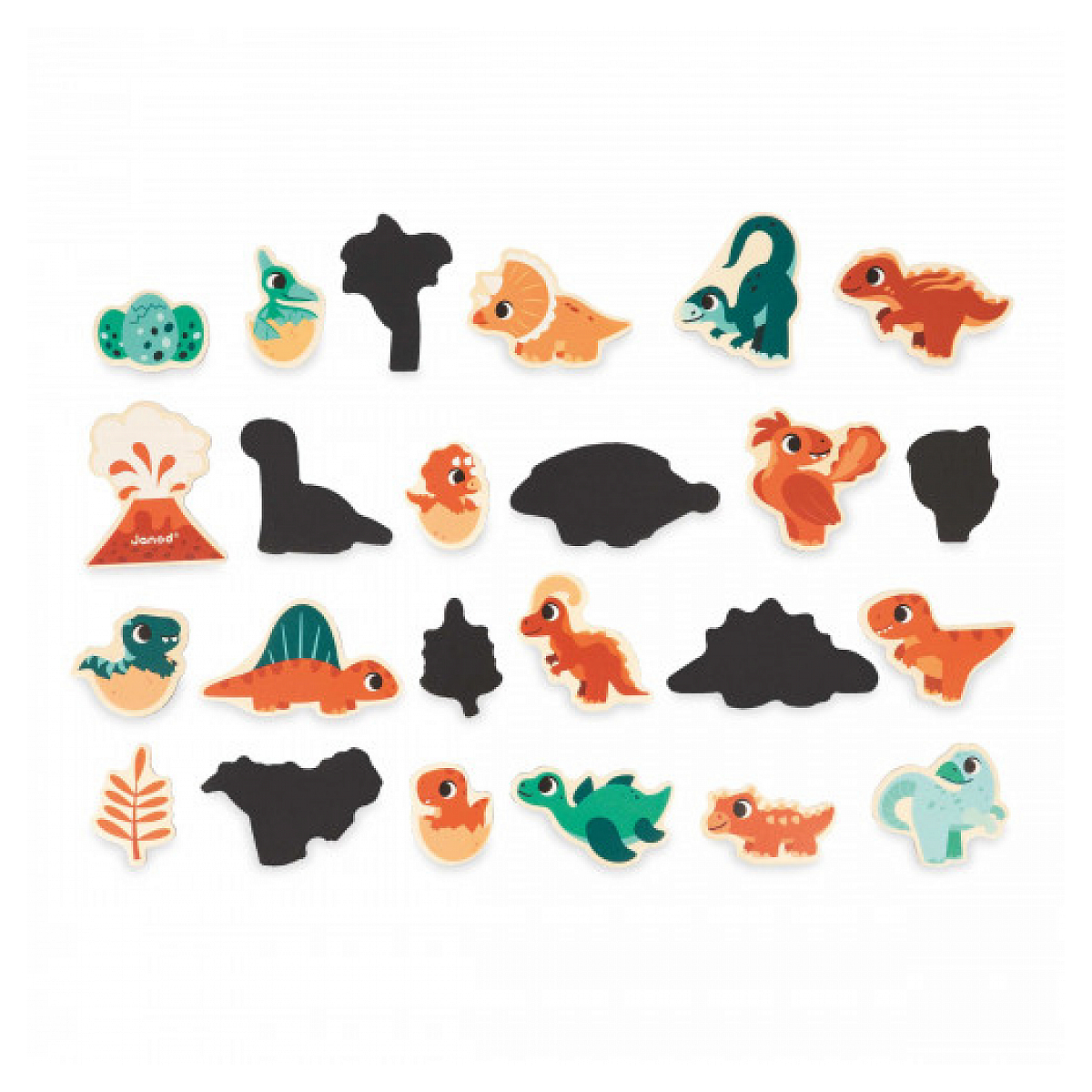 Bunte Dinosaurier-Figuren und eine Vulkan-Ausschnitt auf weißem Hintergrund.