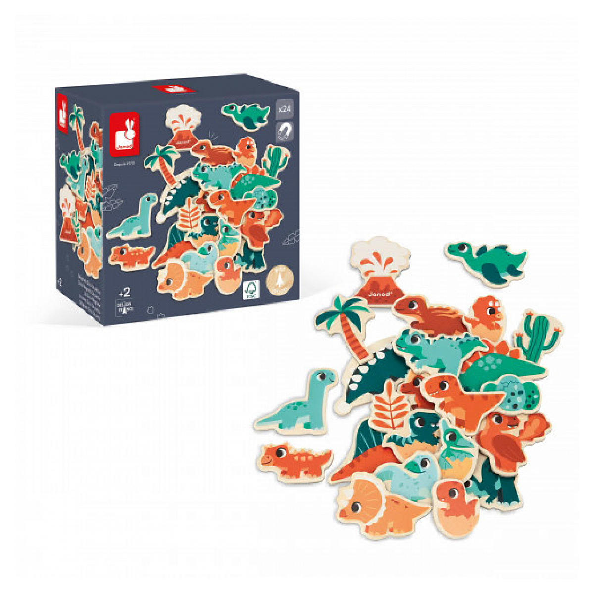 Eine Schachtel mit Dinosaurier-Puzzles und verstreuten Dinosaurier-Puzzle-Teilen.