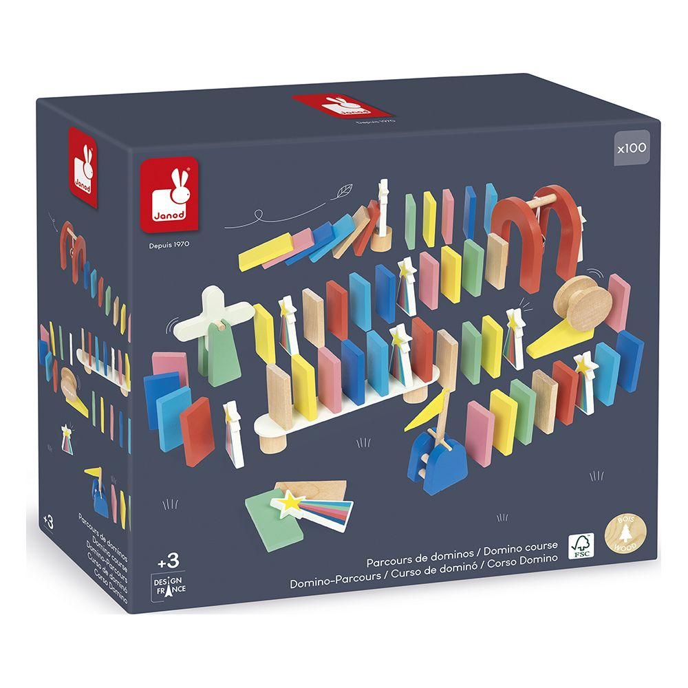 Janod-Dominospiel-Box mit bunten Holzbausteinen, Rampen und Hindernissen für einen Parcours.