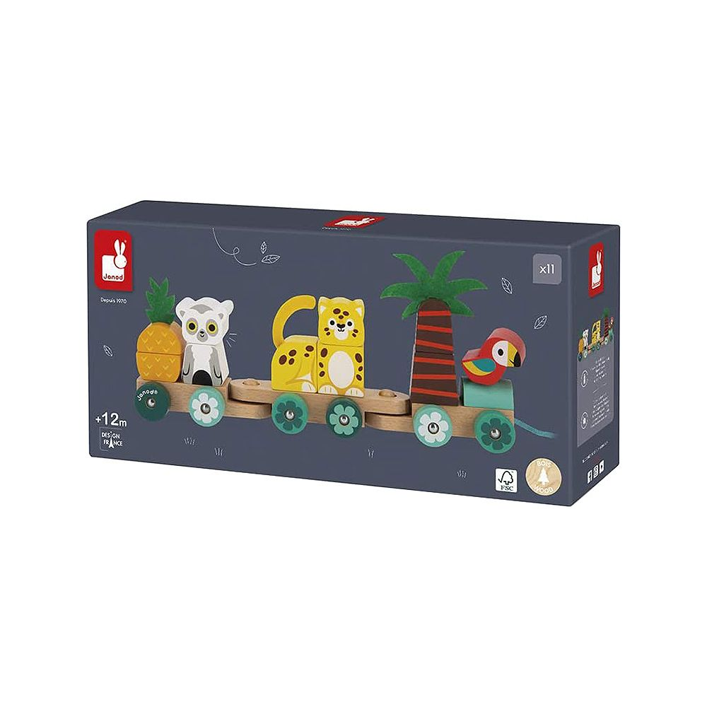 Holzspielzeugzug mit Tieren: Ananas, Affe, Leopard, Palme, Papagei.