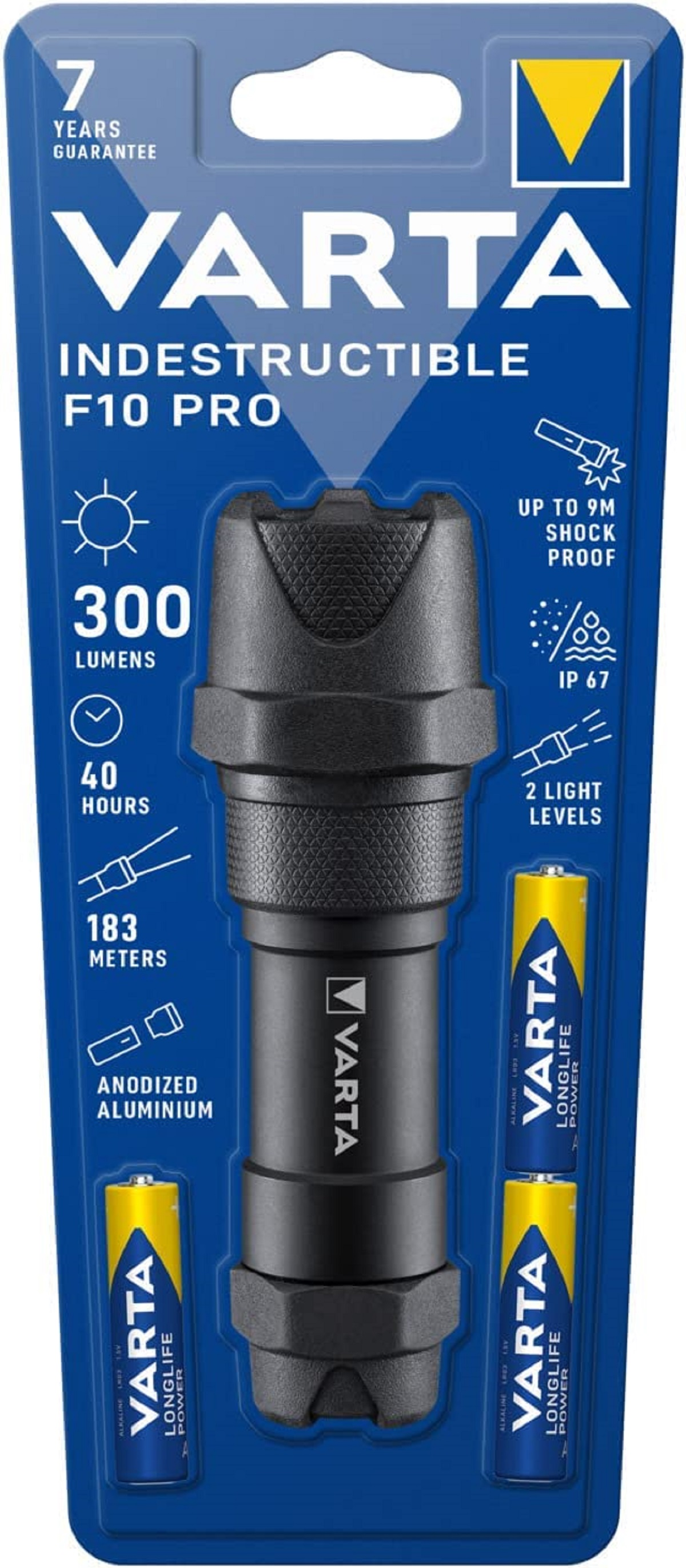 Torcia Varta Indestructible F10 Pro con 2 batterie e istruzioni.