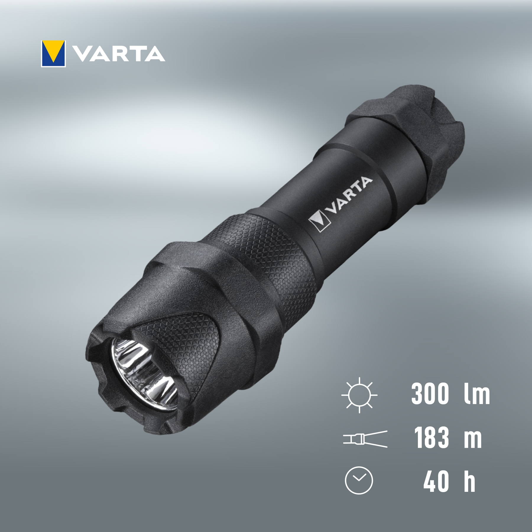 Torcia Varta nera su sfondo grigio con specifiche tecniche.
