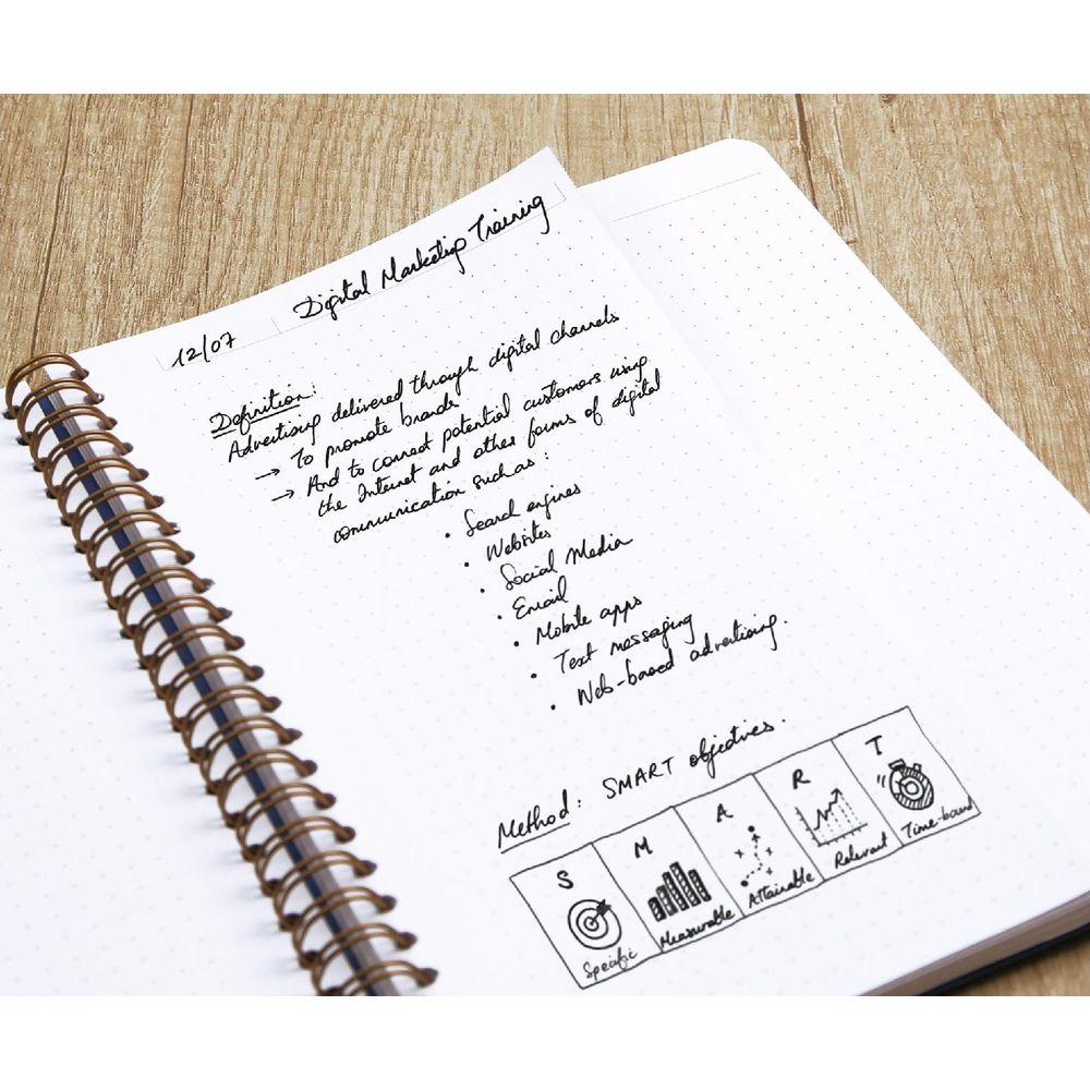 Notizbuchseite mit handschriftlichen Notizen zu digitalem Marketingtraining.