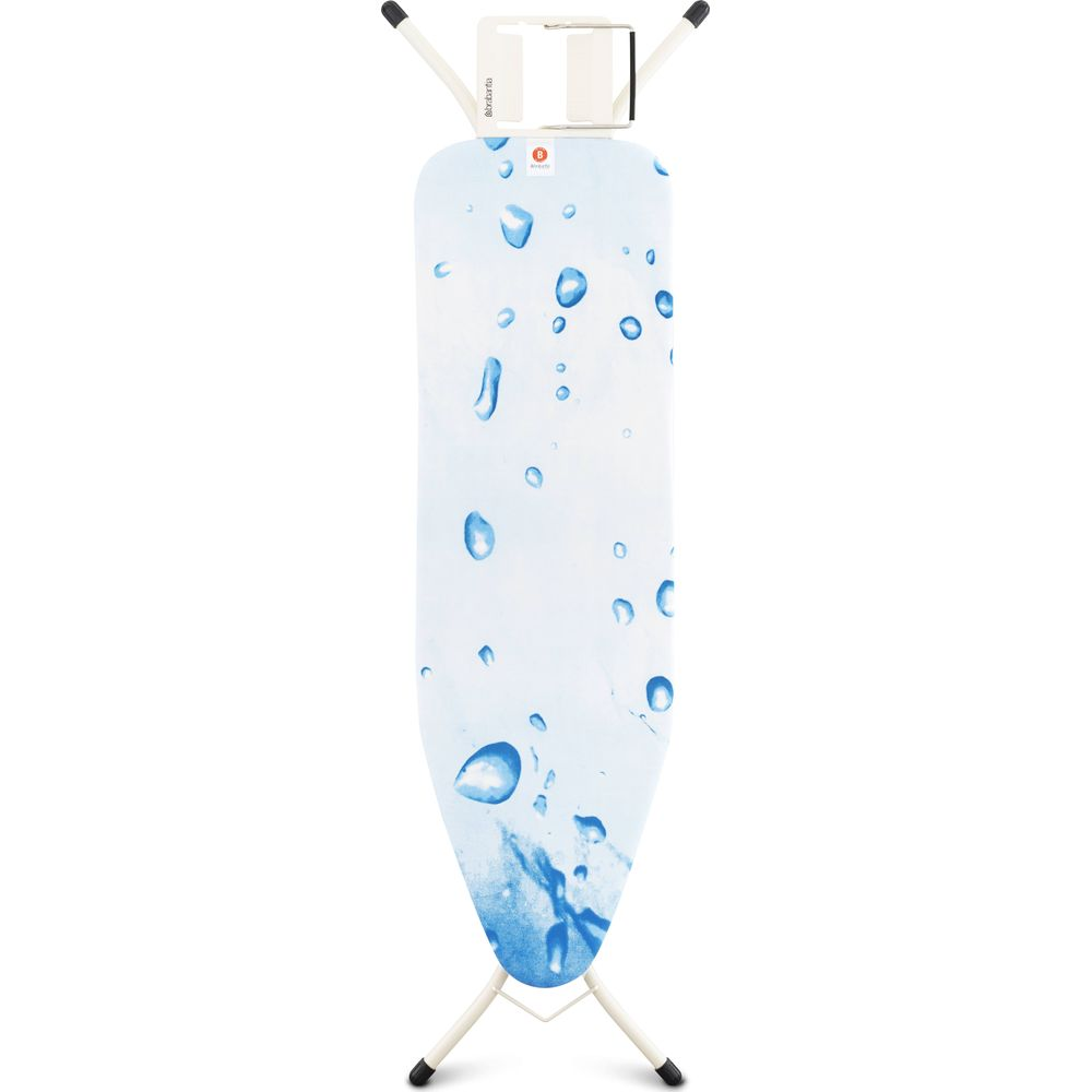 Bügeleisenablage mit blauen Wassertropfen auf weißem Untergrund.