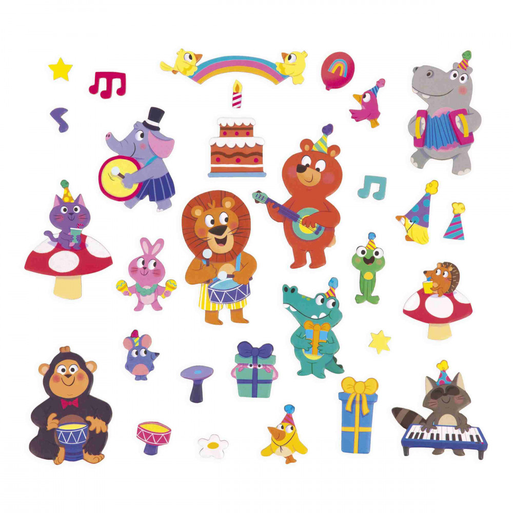 Bunte Tiere und Objekte feiern eine Party mit Kuchen, Geschenken und Musik.
