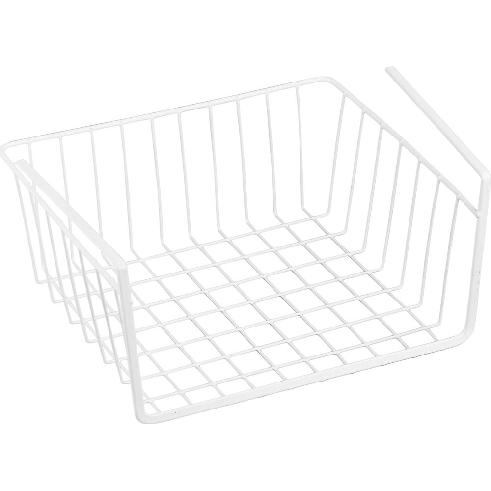 Ein weißer Drahtkorb mit Haken zum Aufhängen, isoliert auf weißem Hintergrund.