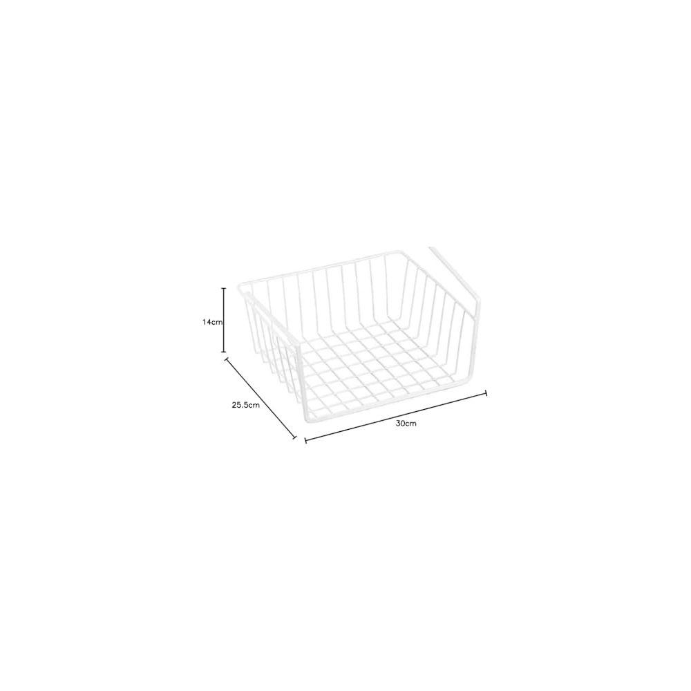 Ein weißer Drahtkorb mit Maßen 30x25,5x14cm, isoliert auf weißem Hintergrund.