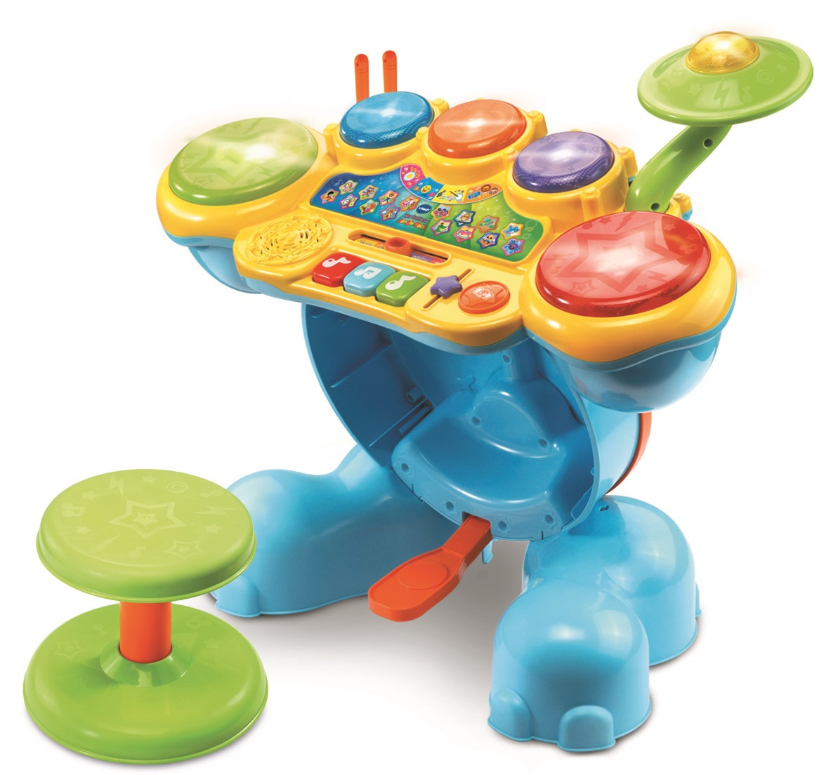Ein blaues Spielzeug-Schlagzeug mit bunten Trommeln und Tasten.