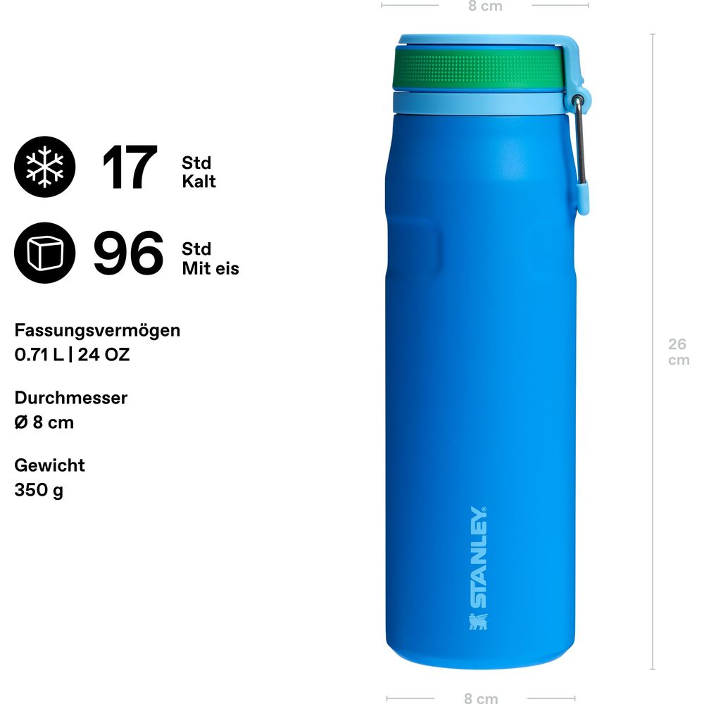 Botella de agua Stanley azul, 26cm alta, 8cm diámetro. Mantiene frío 17h, con hielo 96h.