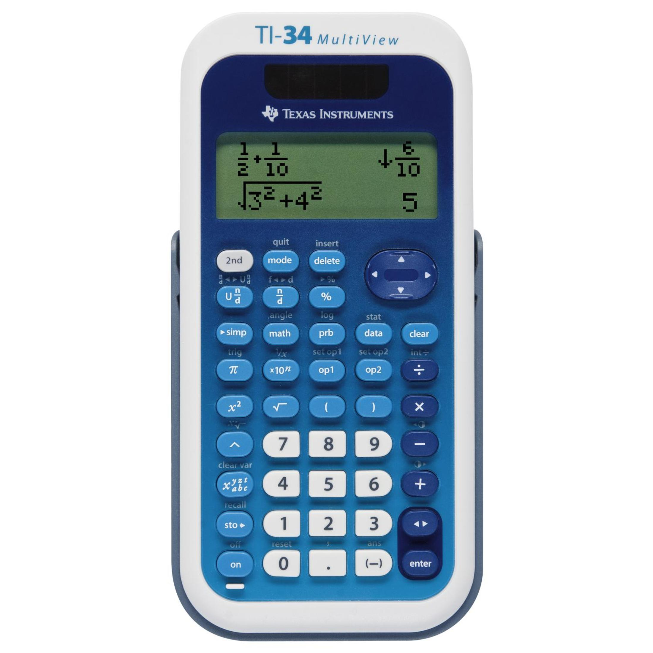 Ein blauer Texas Instruments TI-34 wissenschaftlicher Taschenrechner mit Gleichungen auf dem Bildschirm.