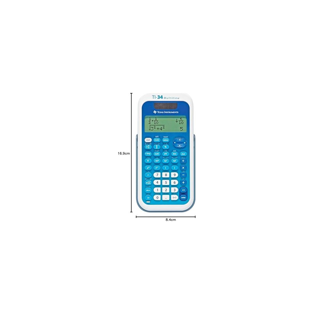 Ein blau-weißer Texas Instruments TI-34 wissenschaftlicher Taschenrechner.